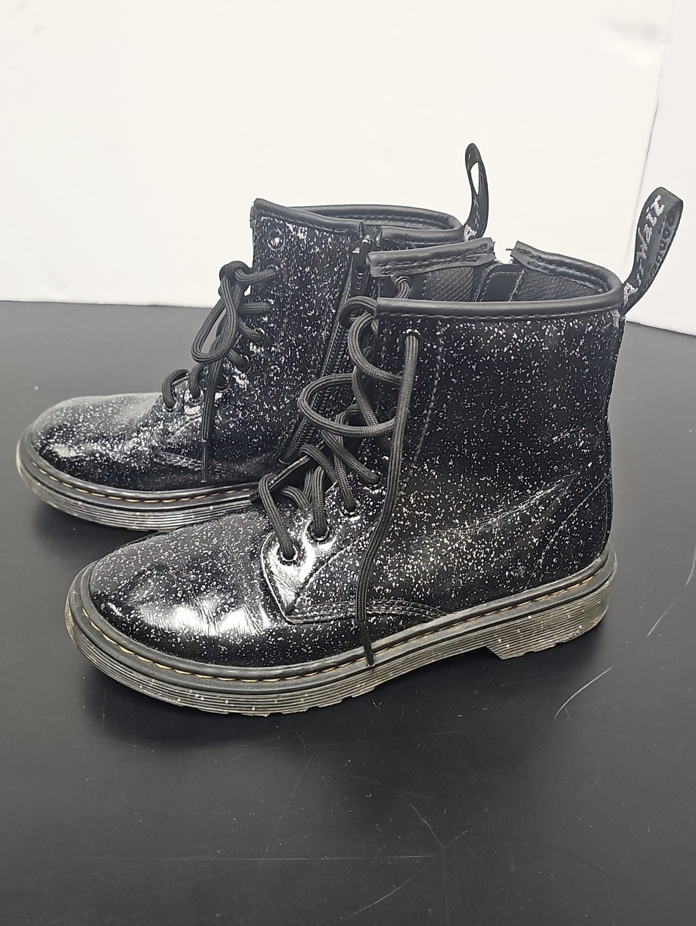 Dr. Martens Kids Black Glitter Lace-Up Combat Boots